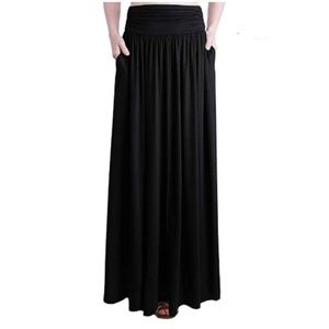 Loxdonz High Waist Shirring Maxi Skirt POCKETS